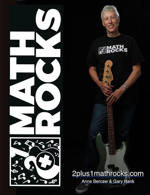 Anne standing with guitar beside MathRocks logo